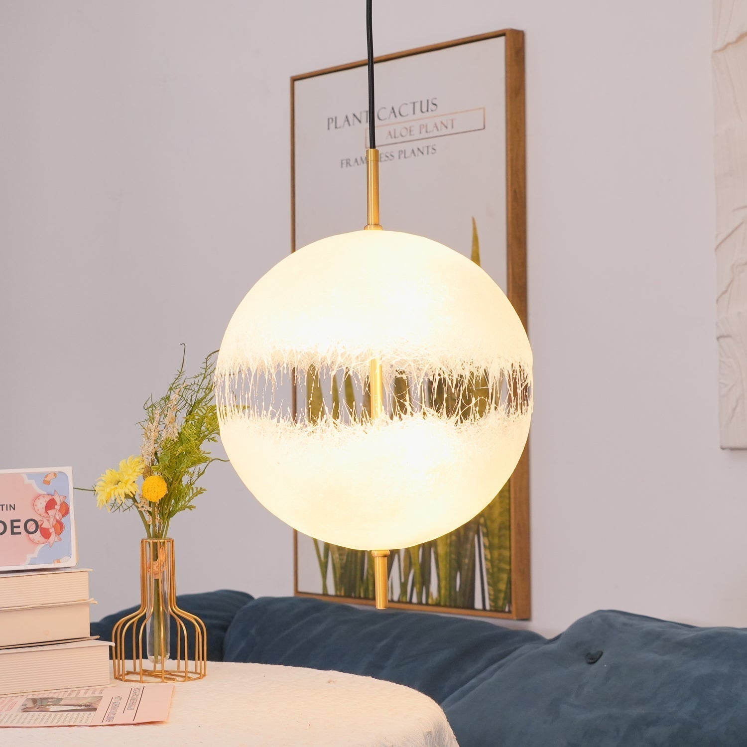 Hand Painted Fiberglass Sphere Pendant Light Modern Gold Artistic Hanging Lamp
