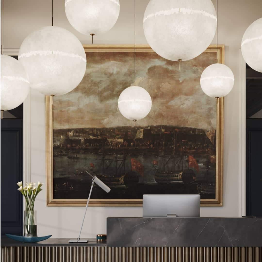 Hand Painted Fiberglass Sphere Pendant Light Modern Gold Artistic Hanging Lamp
