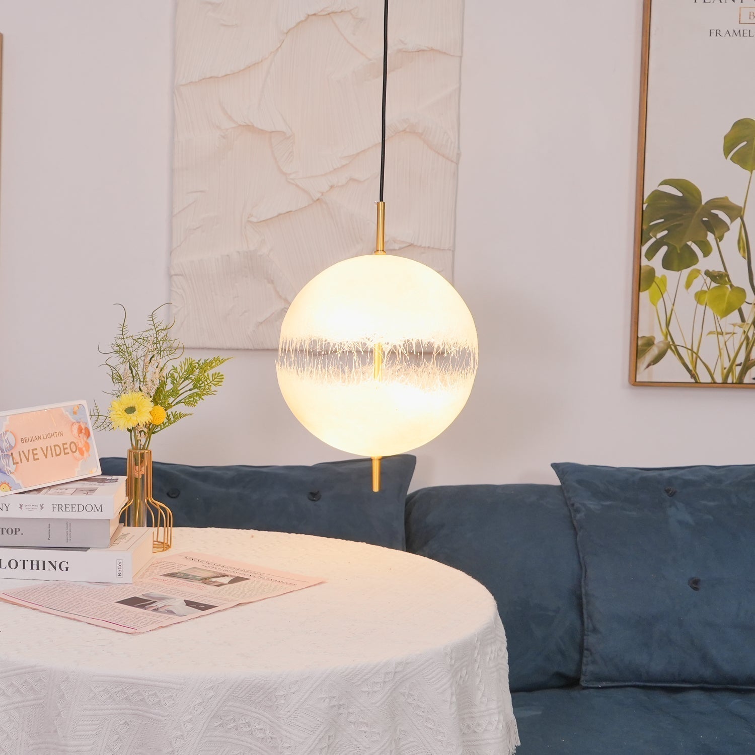 Hand Painted Fiberglass Sphere Pendant Light Modern Gold Artistic Hanging Lamp