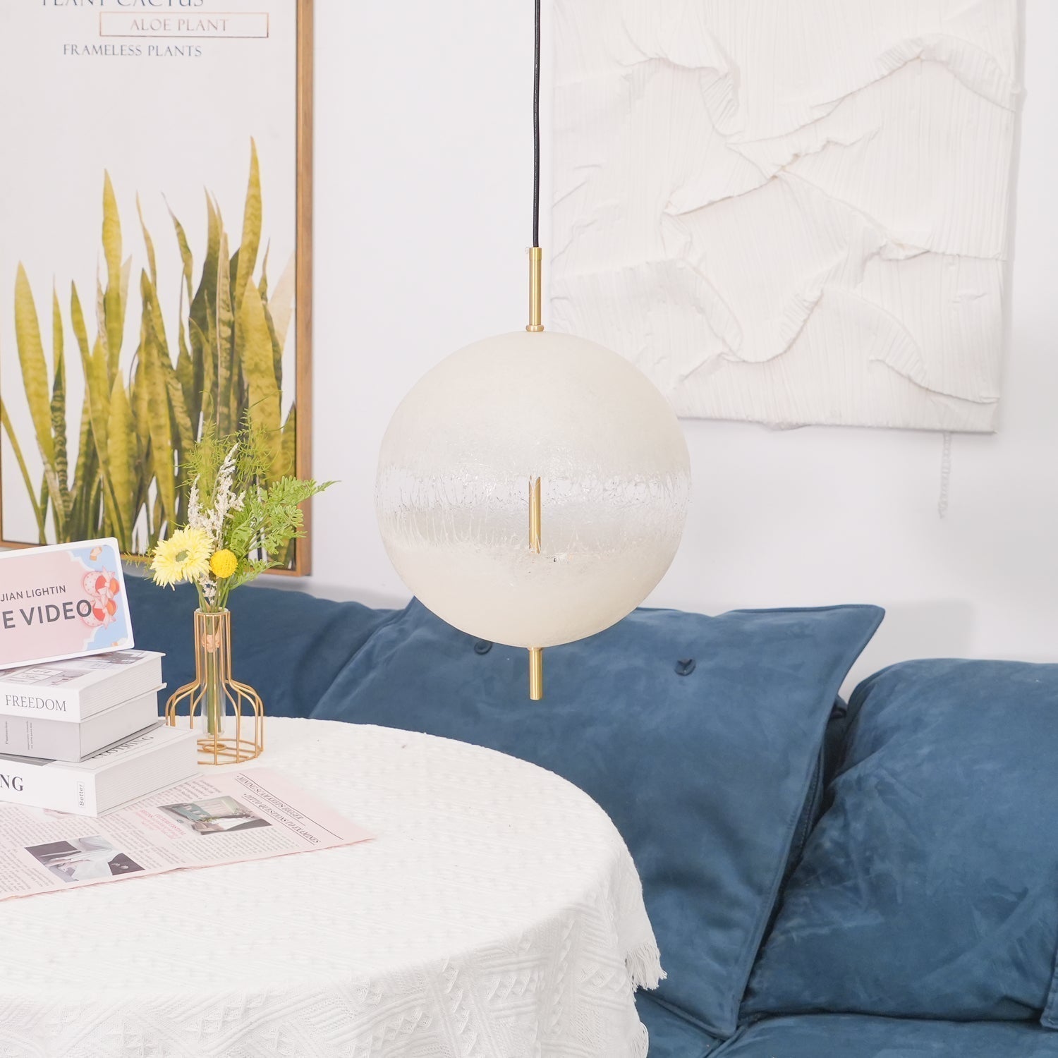 Hand Painted Fiberglass Sphere Pendant Light Modern Gold Artistic Hanging Lamp