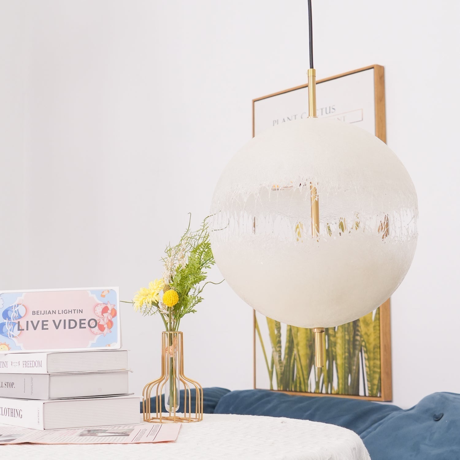 Hand Painted Fiberglass Sphere Pendant Light Modern Gold Artistic Hanging Lamp