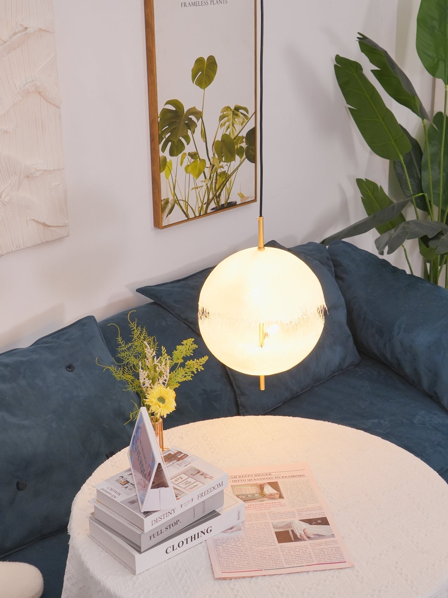 Hand Painted Fiberglass Sphere Pendant Light Modern Gold Artistic Hanging Lamp