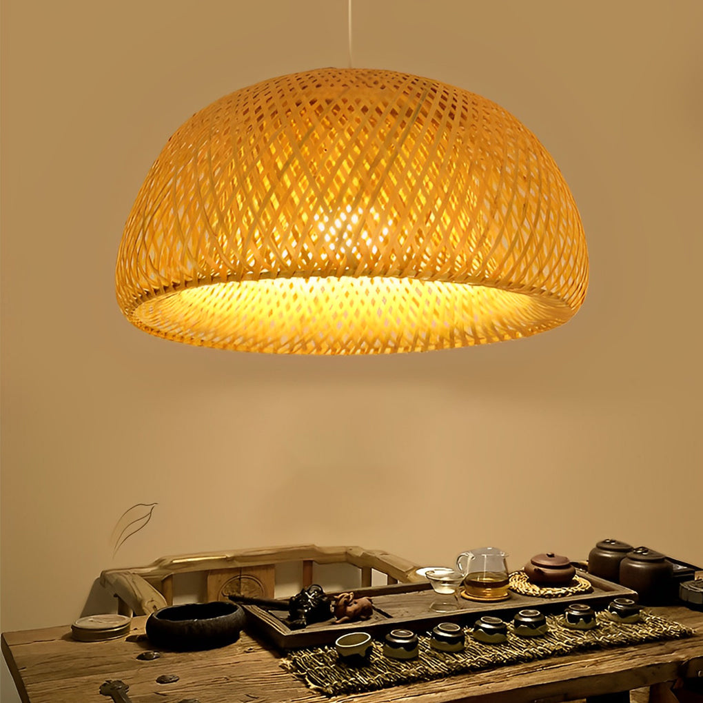 Hand Woven Bamboo Lantern LED Chandelier with 3 Step Dimming Rustic Rattan Hanging Pendant Light