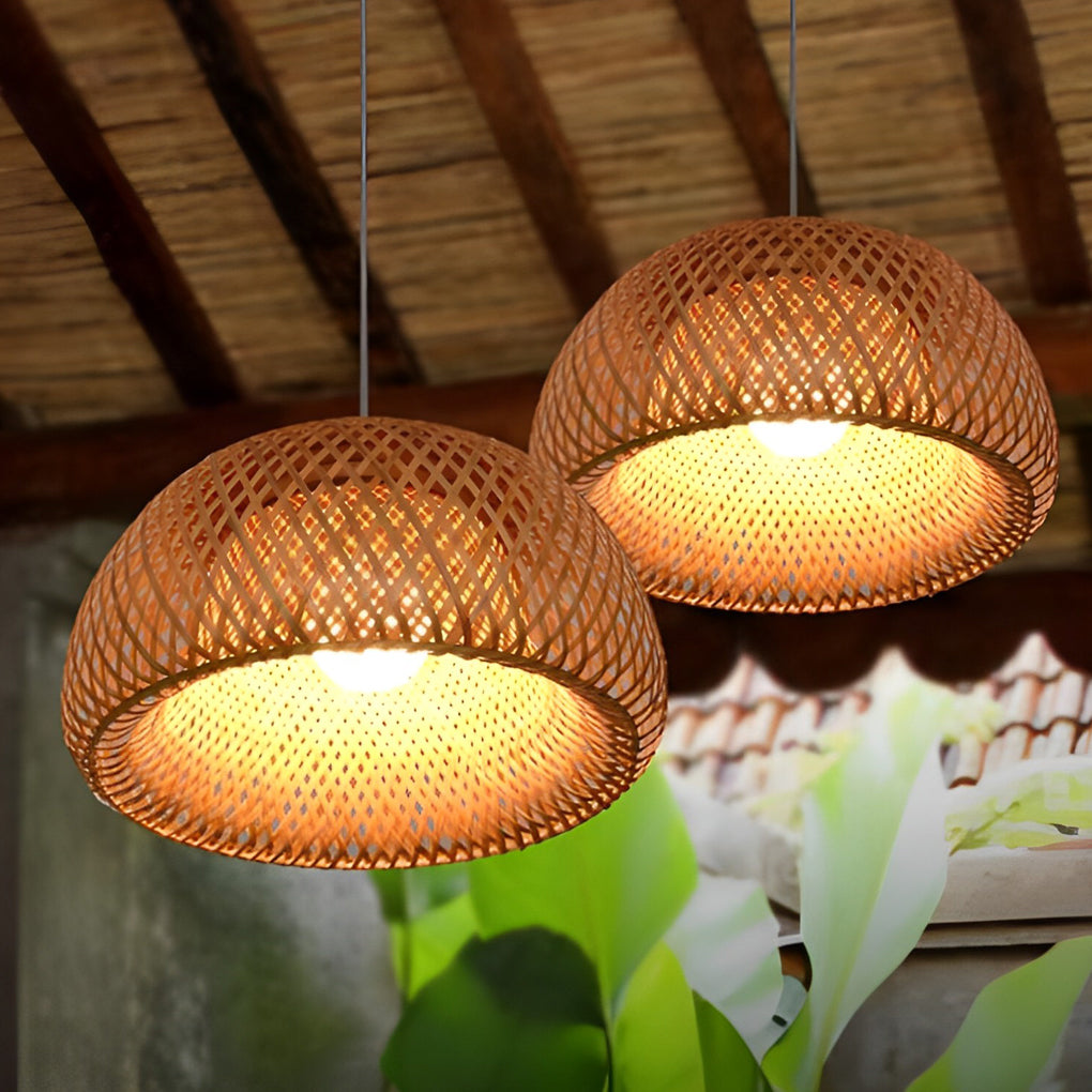 Hand Woven Bamboo Lantern LED Chandelier with 3 Step Dimming Rustic Rattan Hanging Pendant Light
