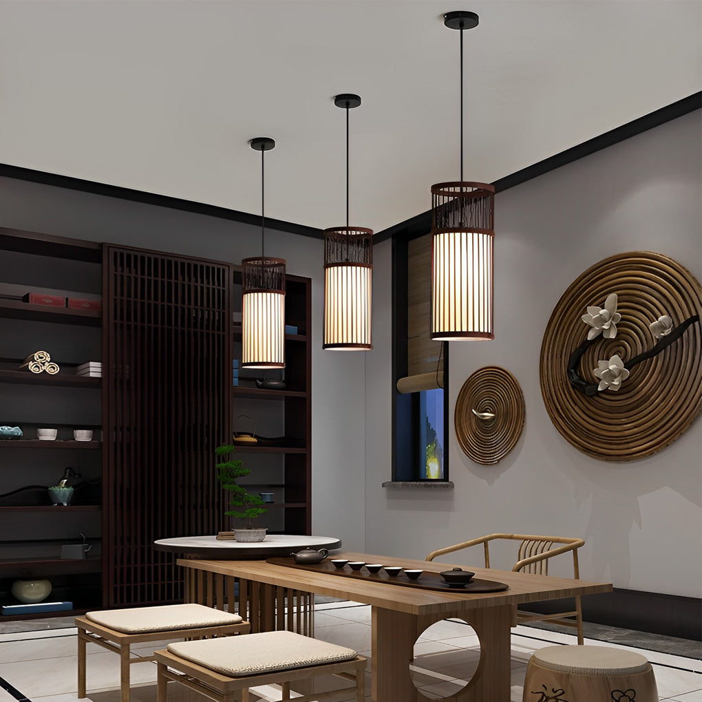 Hand Woven Bamboo LED Pendant Light Retro Modern Minimalist Ceiling Hanging Lamp for Dining Room