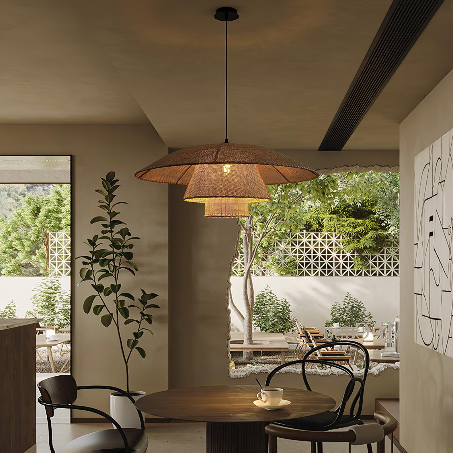 Hand Woven Rattan Hat Shape Pendant Light Boho Wicker Hanging Ceiling Lamp