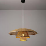 Hand Woven Rattan Hat Shape Pendant Light Boho Wicker Hanging Ceiling Lamp