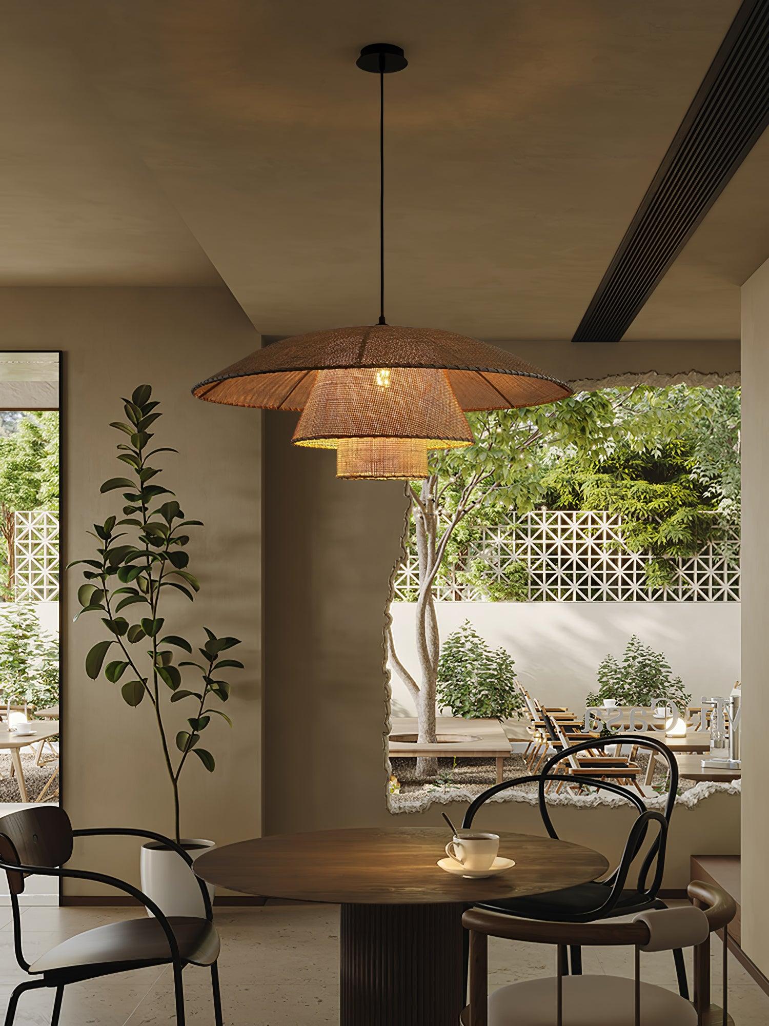 Hand Woven Rattan Hat Shape Pendant Light Boho Wicker Hanging Ceiling Lamp
