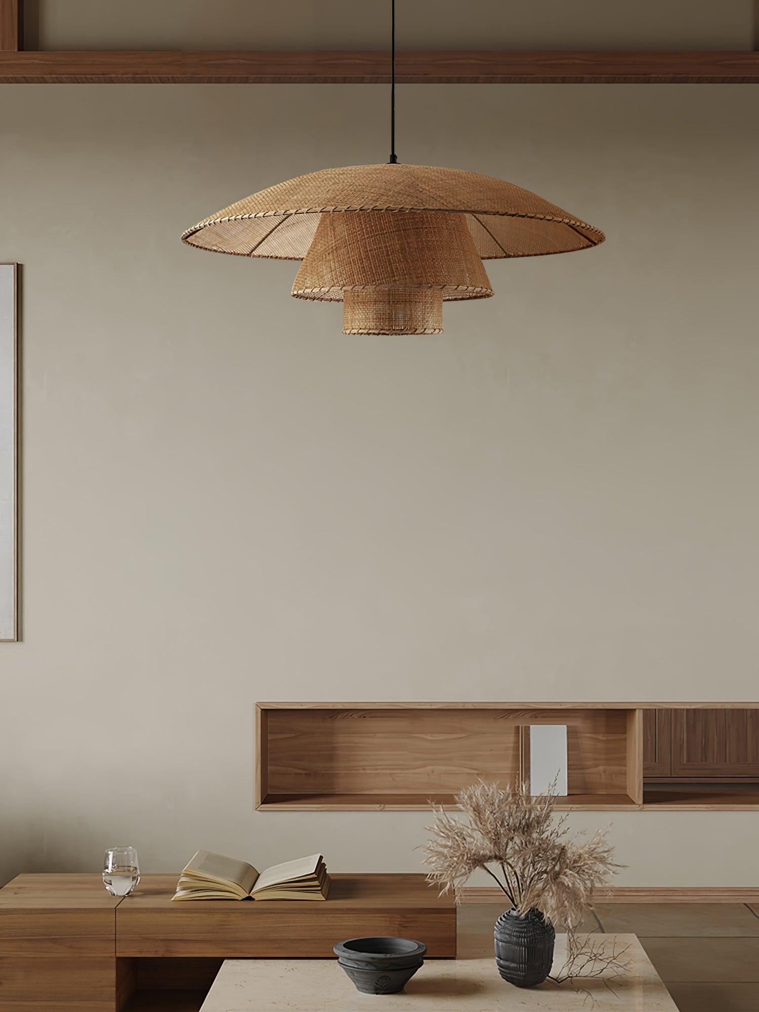 Hand Woven Rattan Hat Shape Pendant Light Boho Wicker Hanging Ceiling Lamp