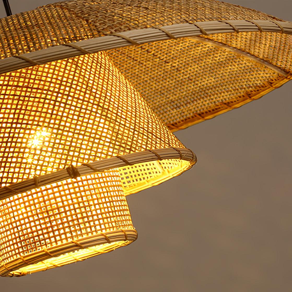Hand Woven Rattan Hat Shape Pendant Light Boho Wicker Hanging Ceiling Lamp