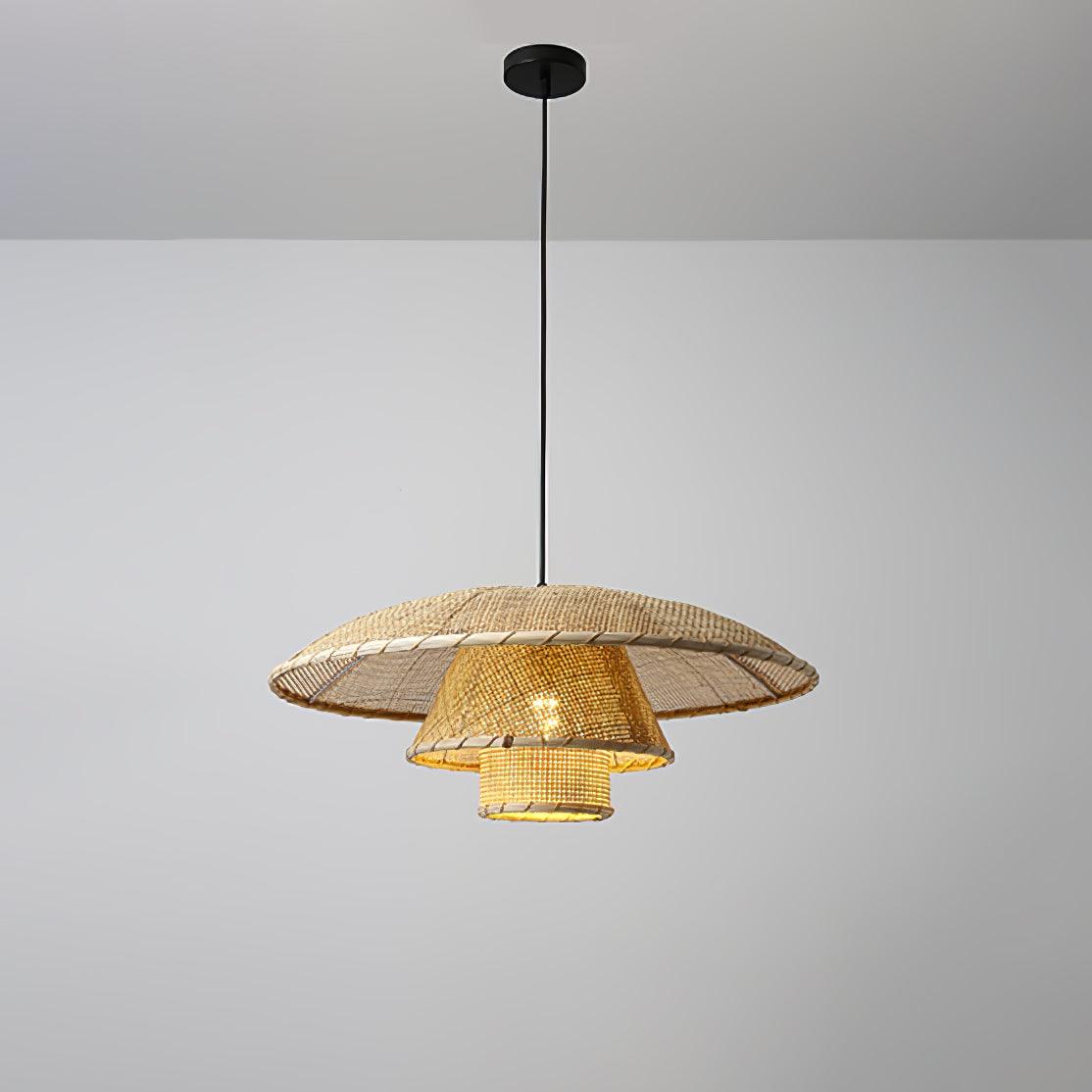 Hand Woven Rattan Hat Shape Pendant Light Boho Wicker Hanging Ceiling Lamp
