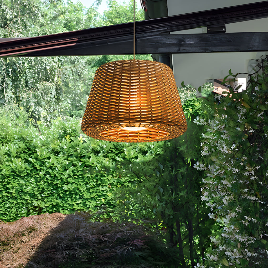 Hand Woven Rattan Outdoor Pendant Light IP65 Waterproof LED Hanging Lamp for Garden Patio and Porch
