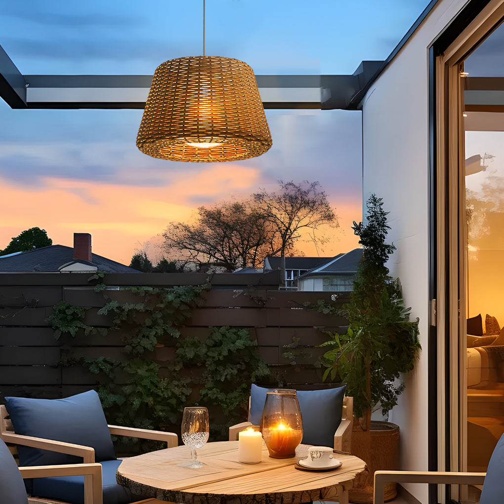 Hand Woven Rattan Outdoor Pendant Light IP65 Waterproof LED Hanging Lamp for Garden Patio and Porch
