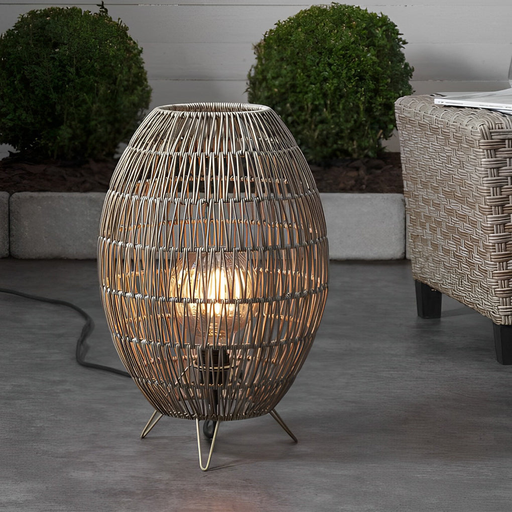 Hand Woven Rattan Oval Cage Outdoor Floor Lamp IP65 Waterproof Garden Patio Light