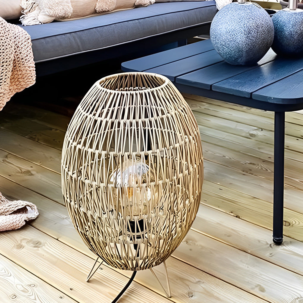 Hand Woven Rattan Oval Cage Outdoor Floor Lamp IP65 Waterproof Garden Patio Light