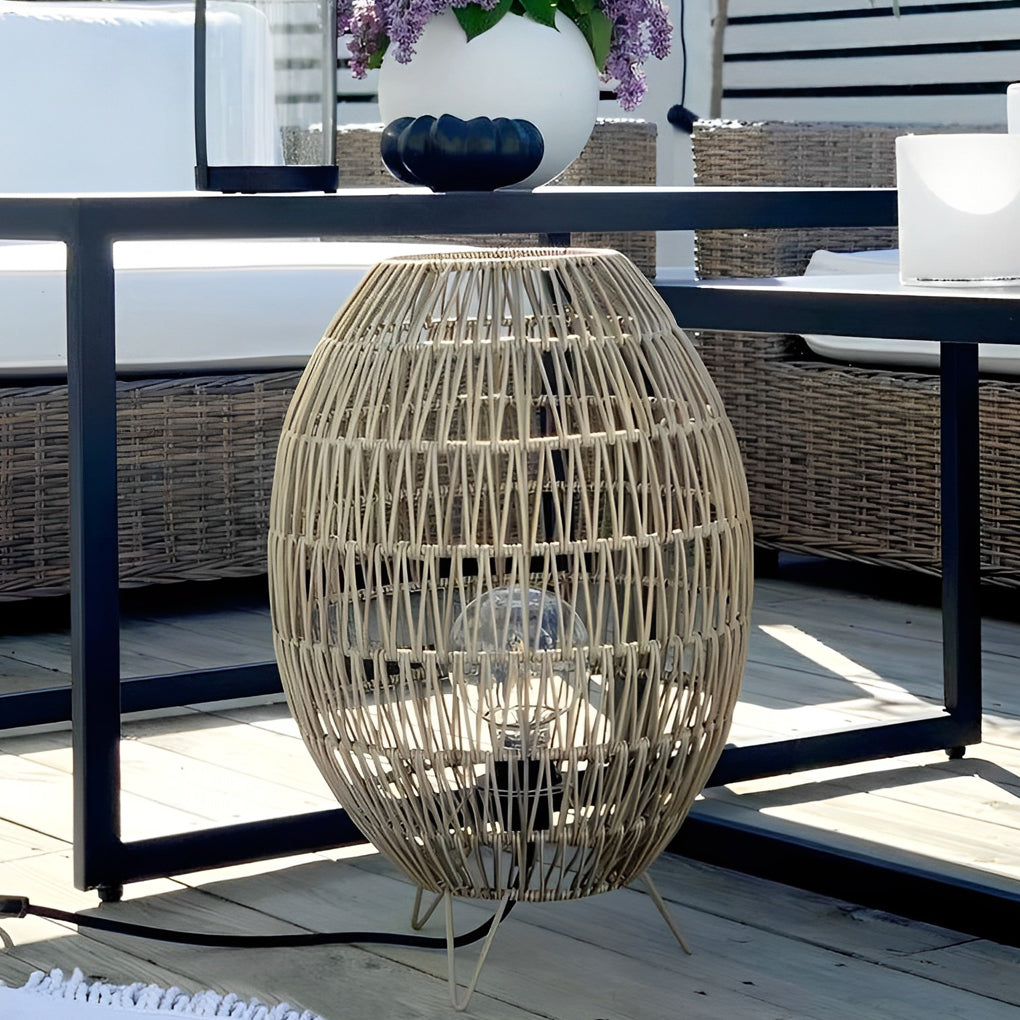 Hand Woven Rattan Oval Cage Outdoor Floor Lamp IP65 Waterproof Garden Patio Light
