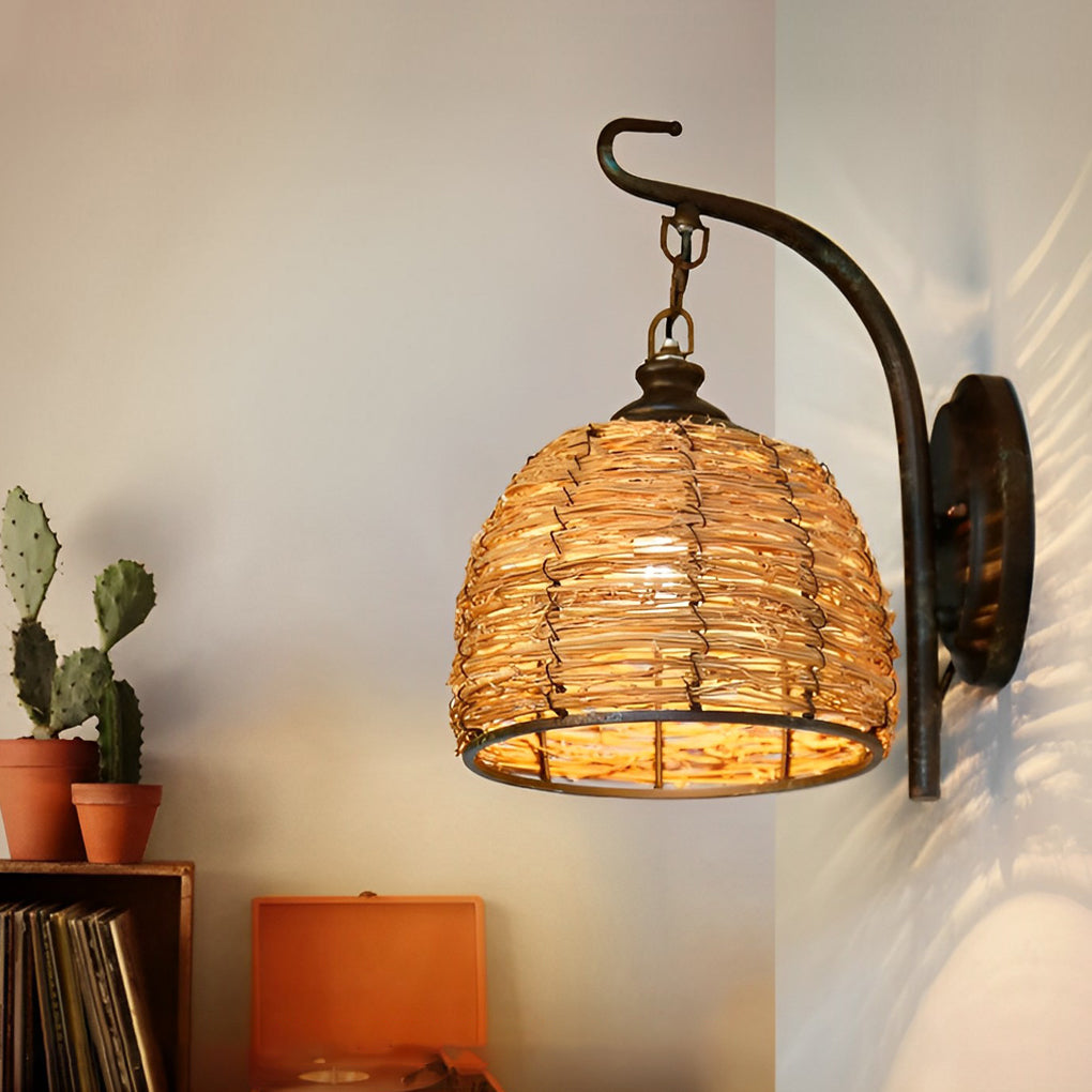 Hand Woven Rattan Sconce Retro Iron Wall Lamp for Bedroom and Living Room Lighting