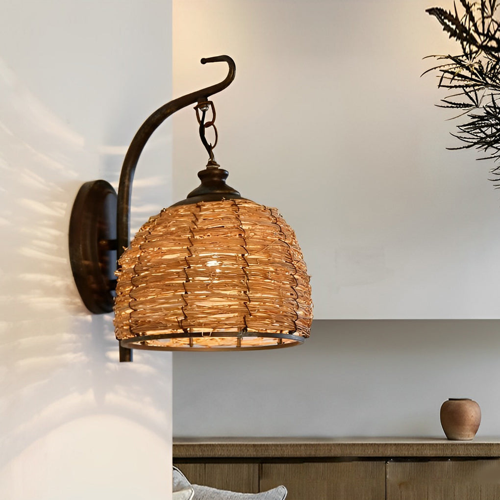 Hand Woven Rattan Sconce Retro Iron Wall Lamp for Bedroom and Living Room Lighting