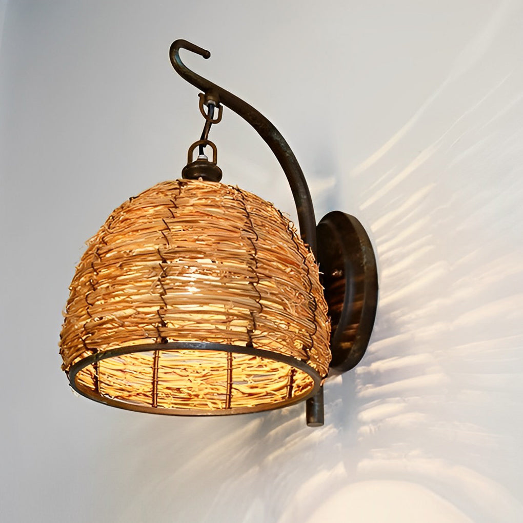Hand Woven Rattan Sconce Retro Iron Wall Lamp for Bedroom and Living Room Lighting