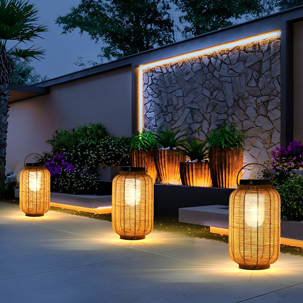 Hand Woven Rattan Solar Outdoor Floor Lamp Decorative IP65 Waterproof Lantern Light