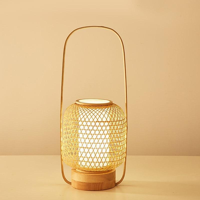 Handcrafted Bamboo Woven Table Lamp with Portable Handle and Integrated USB Charging Port