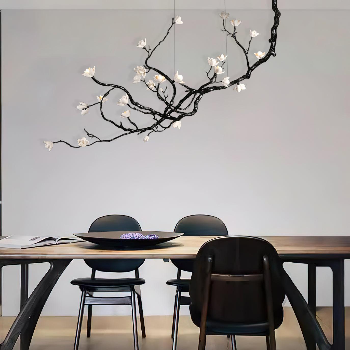 Handcrafted Ceramic Flower Branch Chandelier White Floral Ceiling Light with Brass Frame