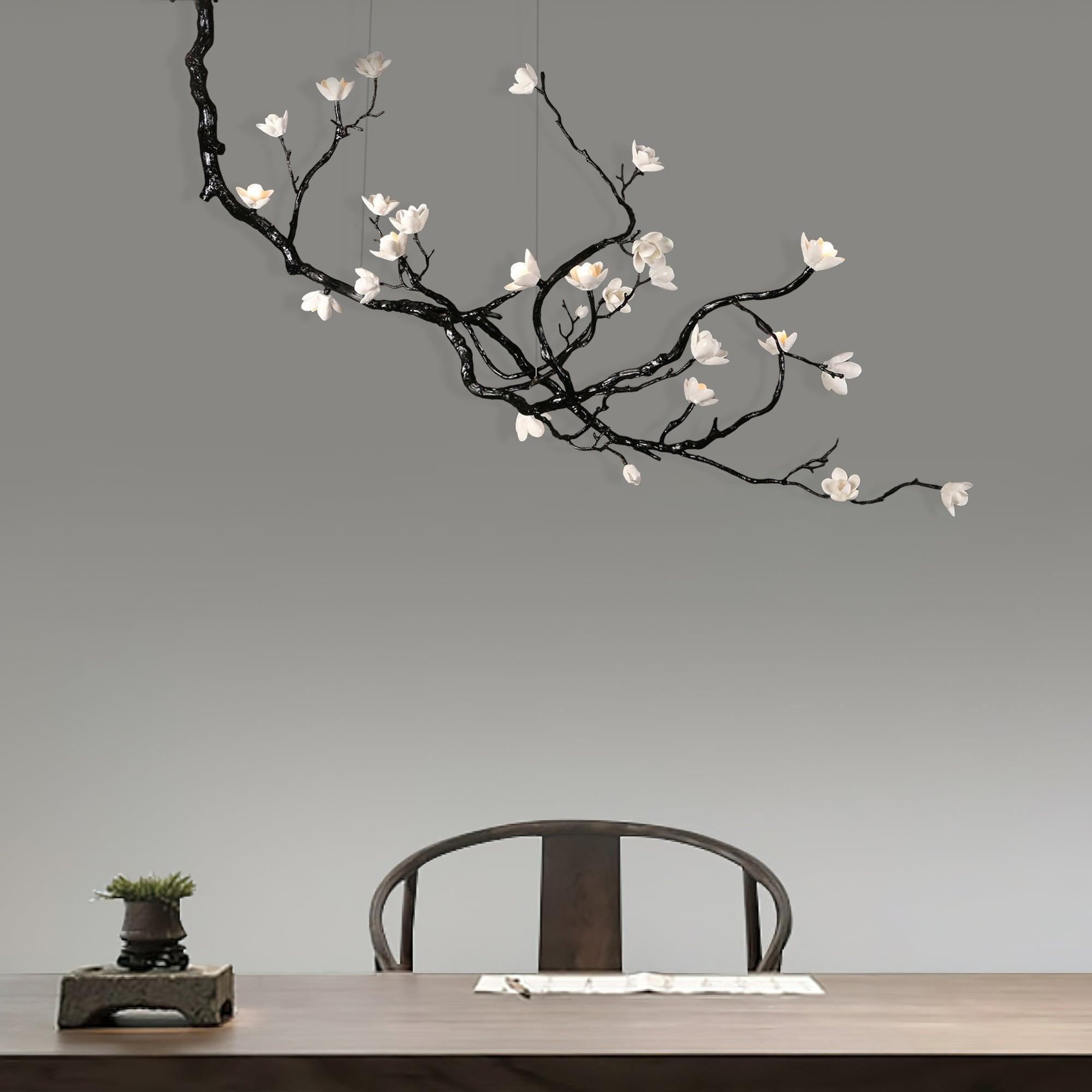 Handcrafted Ceramic Flower Branch Chandelier White Floral Ceiling Light with Brass Frame