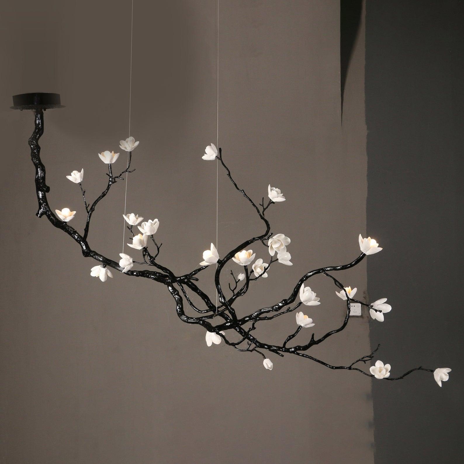 Handcrafted Ceramic Flower Branch Chandelier White Floral Ceiling Light with Brass Frame