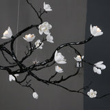 Handcrafted Ceramic Flower Branch Chandelier White Floral Ceiling Light with Brass Frame