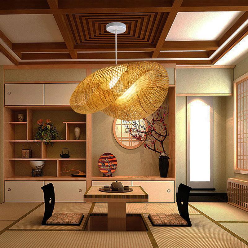 Handcrafted Curved Bamboo Woven Pendant Light Modern Farmhouse Hanging Ceiling Lamp