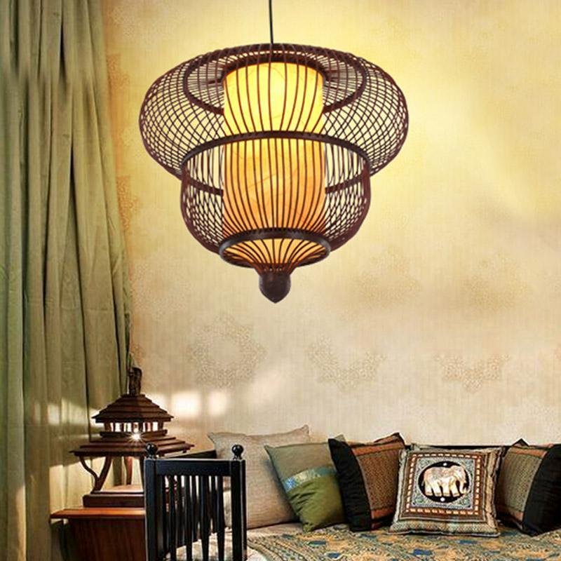 Handcrafted Dark Brown Bamboo Moroccan Bubble Pendant Light Two Tier Woven Wood Ceiling Fixture
