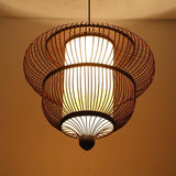 Handcrafted Dark Brown Bamboo Moroccan Bubble Pendant Light Two Tier Woven Wood Ceiling Fixture