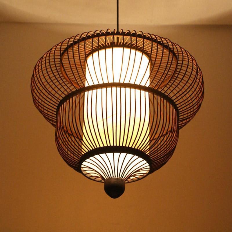 Handcrafted Dark Brown Bamboo Moroccan Bubble Pendant Light Two Tier Woven Wood Ceiling Fixture