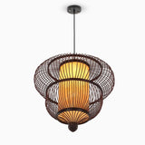 Handcrafted Dark Brown Bamboo Moroccan Bubble Pendant Light Two Tier Woven Wood Ceiling Fixture