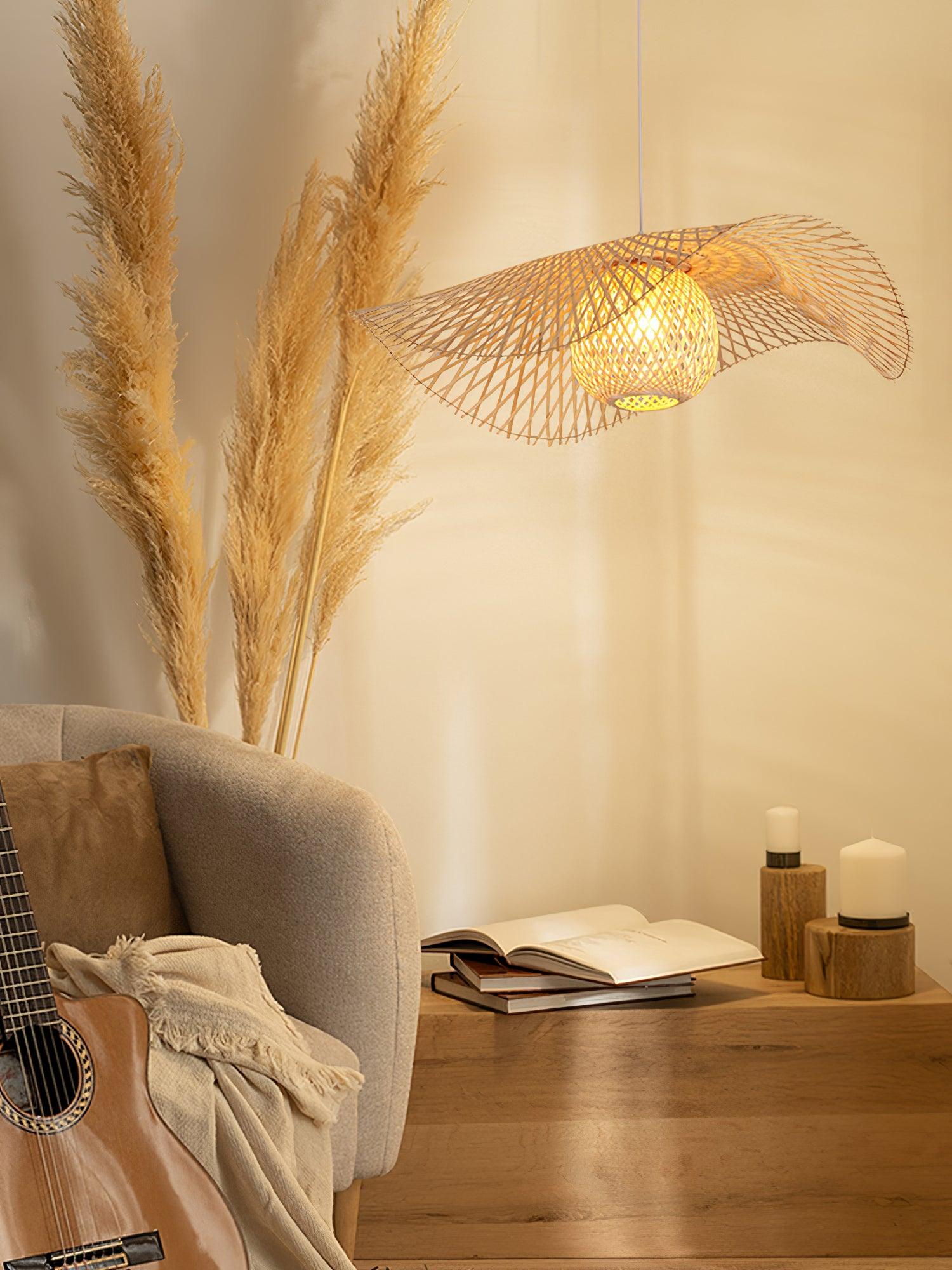Handcrafted Natural Bamboo Frame Pendant Lamp Woven Hanging Ceiling Light Fixture