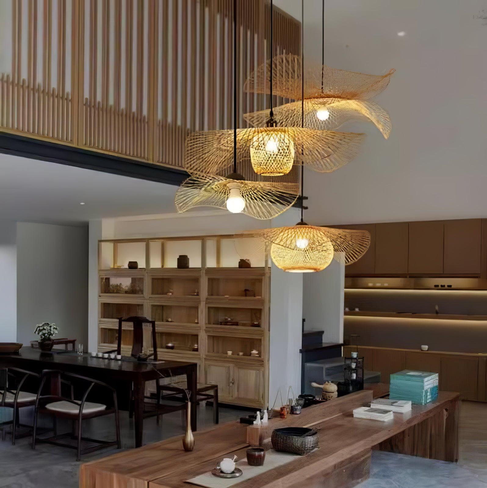Handcrafted Natural Bamboo Frame Pendant Lamp Woven Hanging Ceiling Light Fixture
