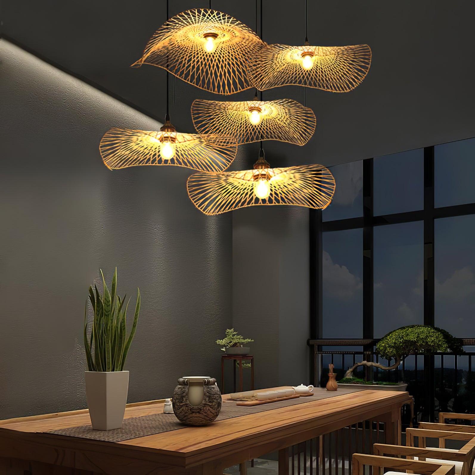 Handcrafted Natural Bamboo Frame Pendant Lamp Woven Hanging Ceiling Light Fixture