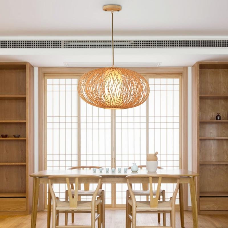 Handcrafted Oval Bamboo Woven Pendant Light Candyfloss Shaped Boho Ceiling Lamp for Dining Room