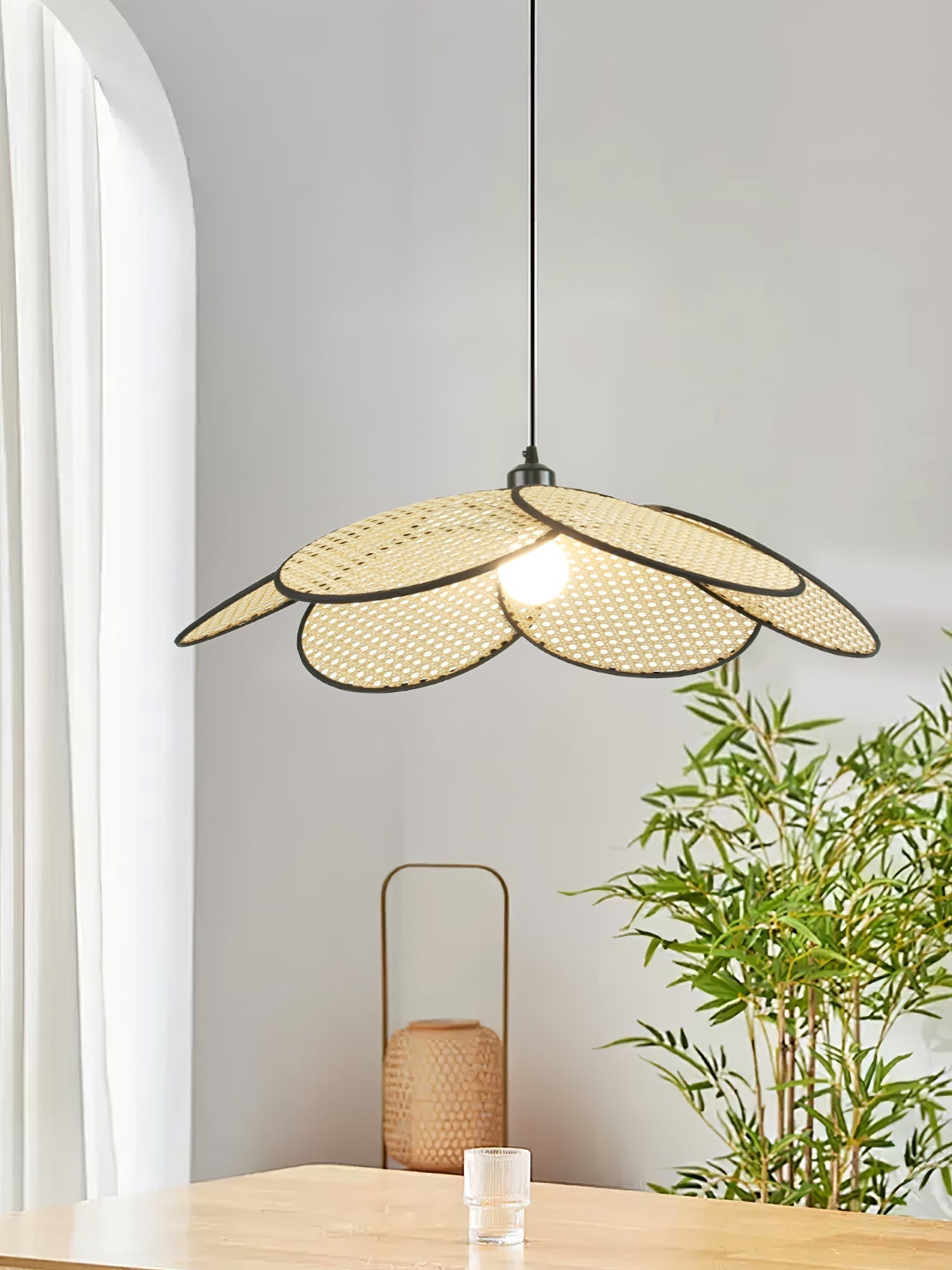 Handcrafted Petal Rattan Pendant Lamp Organic Woven Texture Ceiling Light for Minimalist Decor