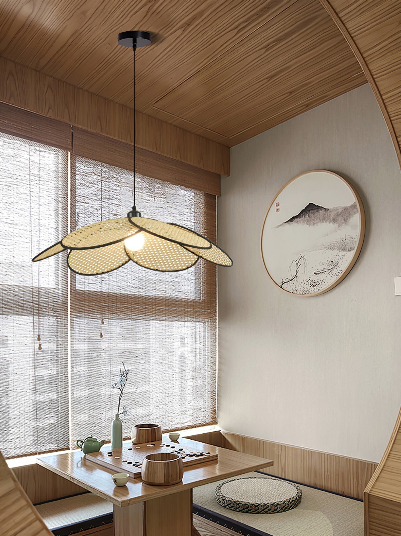 Handcrafted Petal Rattan Pendant Lamp Organic Woven Texture Ceiling Light for Minimalist Decor