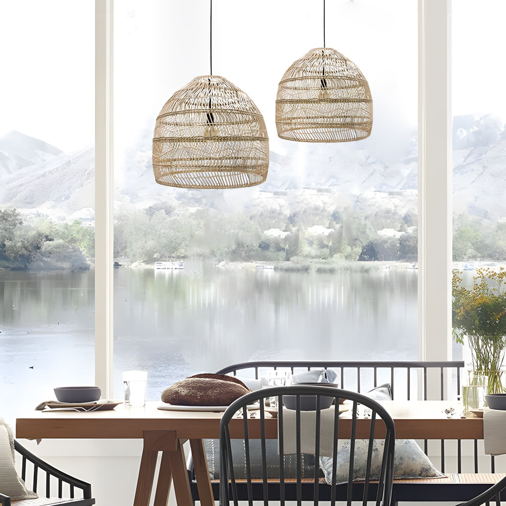 Handcrafted Rattan Woven Dome Pendant Light Bohemian Bamboo Hanging Lamp for Dining Room