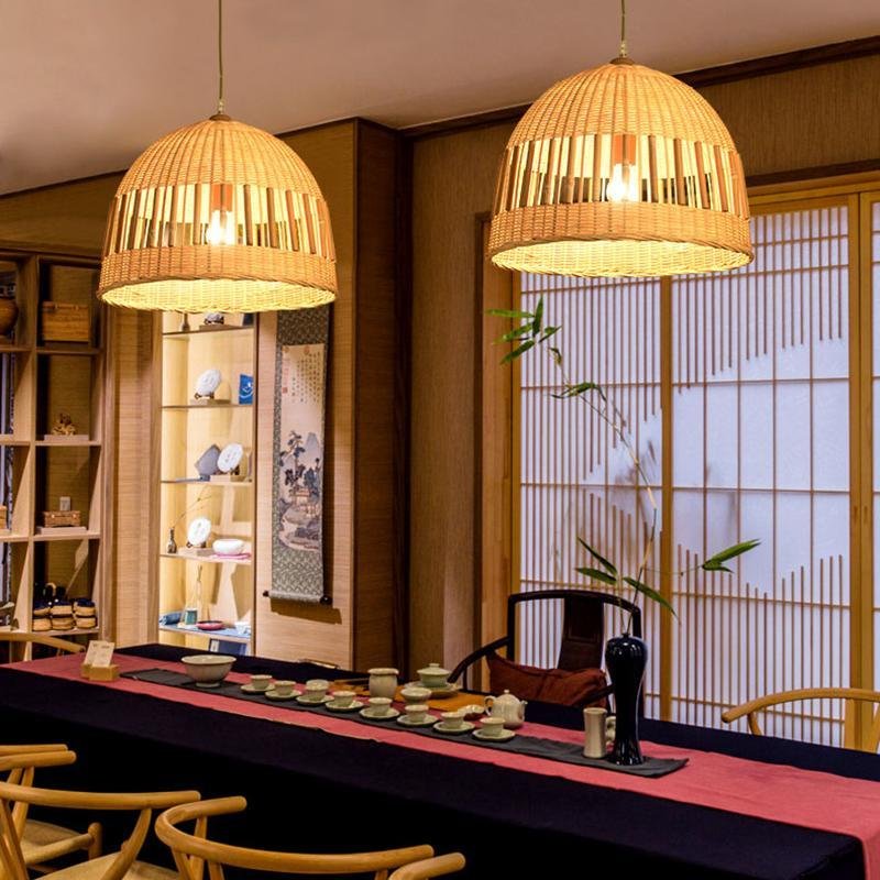 Handcrafted Woven Bamboo Dome Pendant Light Burlywood Hanging Ceiling Fixture