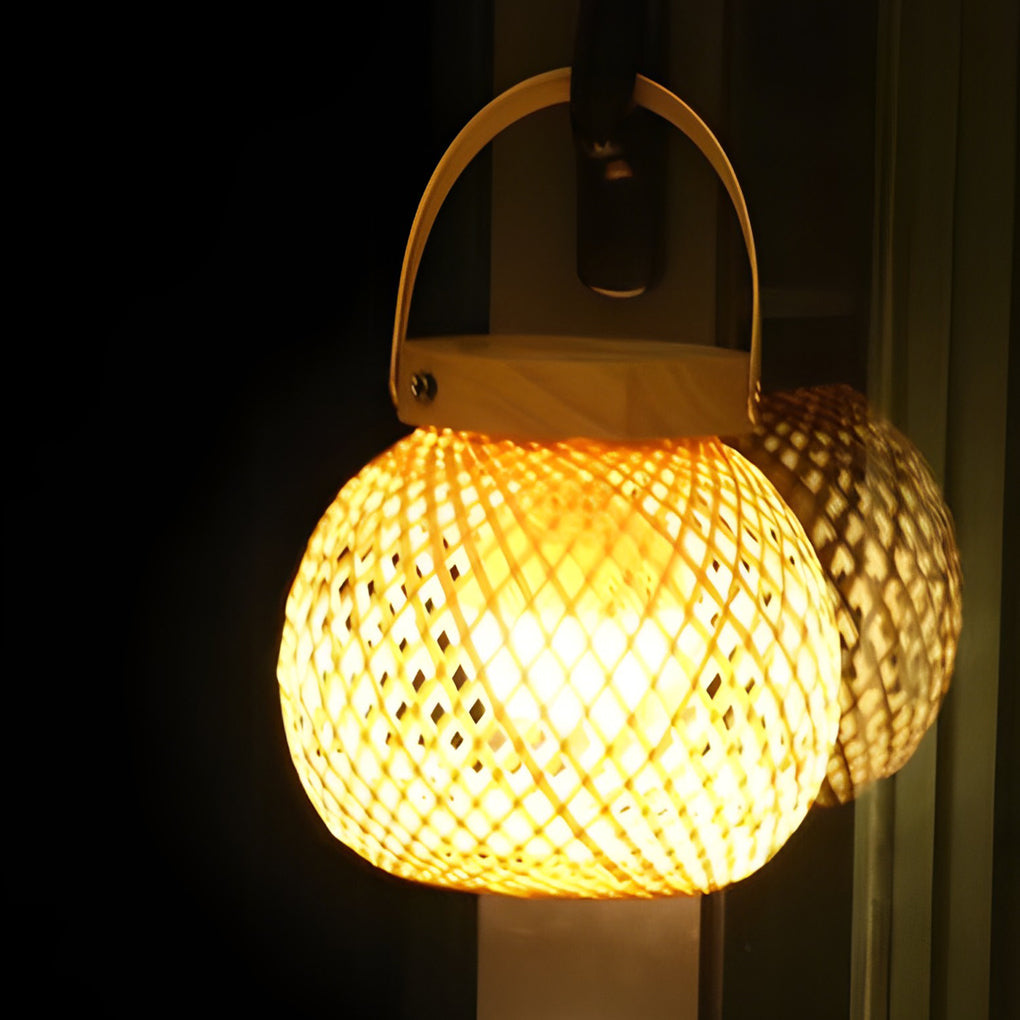 Handcrafted Woven Bamboo Lantern Desk Lamp Portable Rechargeable LED Table Light with Handle