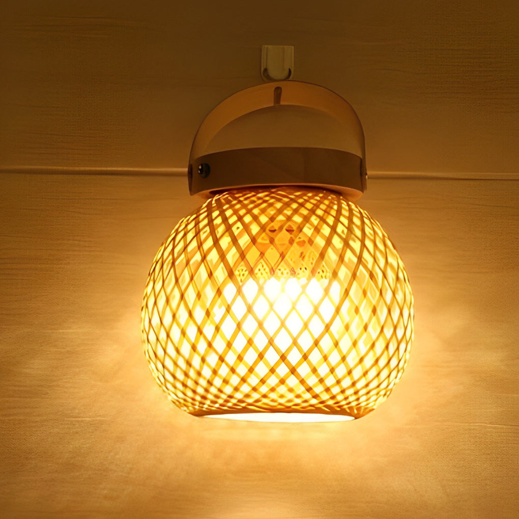 Handcrafted Woven Bamboo Lantern Desk Lamp Portable Rechargeable LED Table Light with Handle