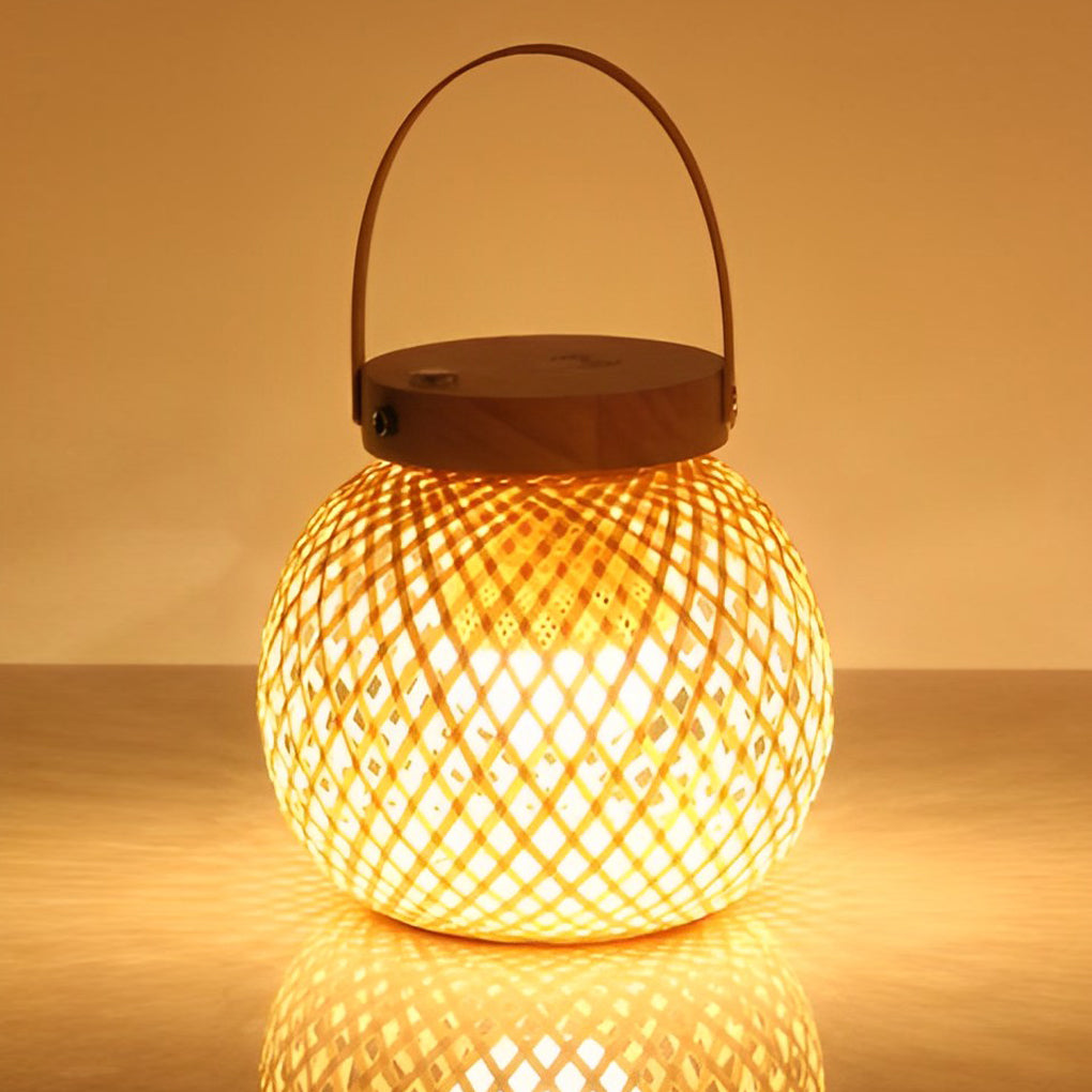 Handcrafted Woven Bamboo Lantern Desk Lamp Portable Rechargeable LED Table Light with Handle