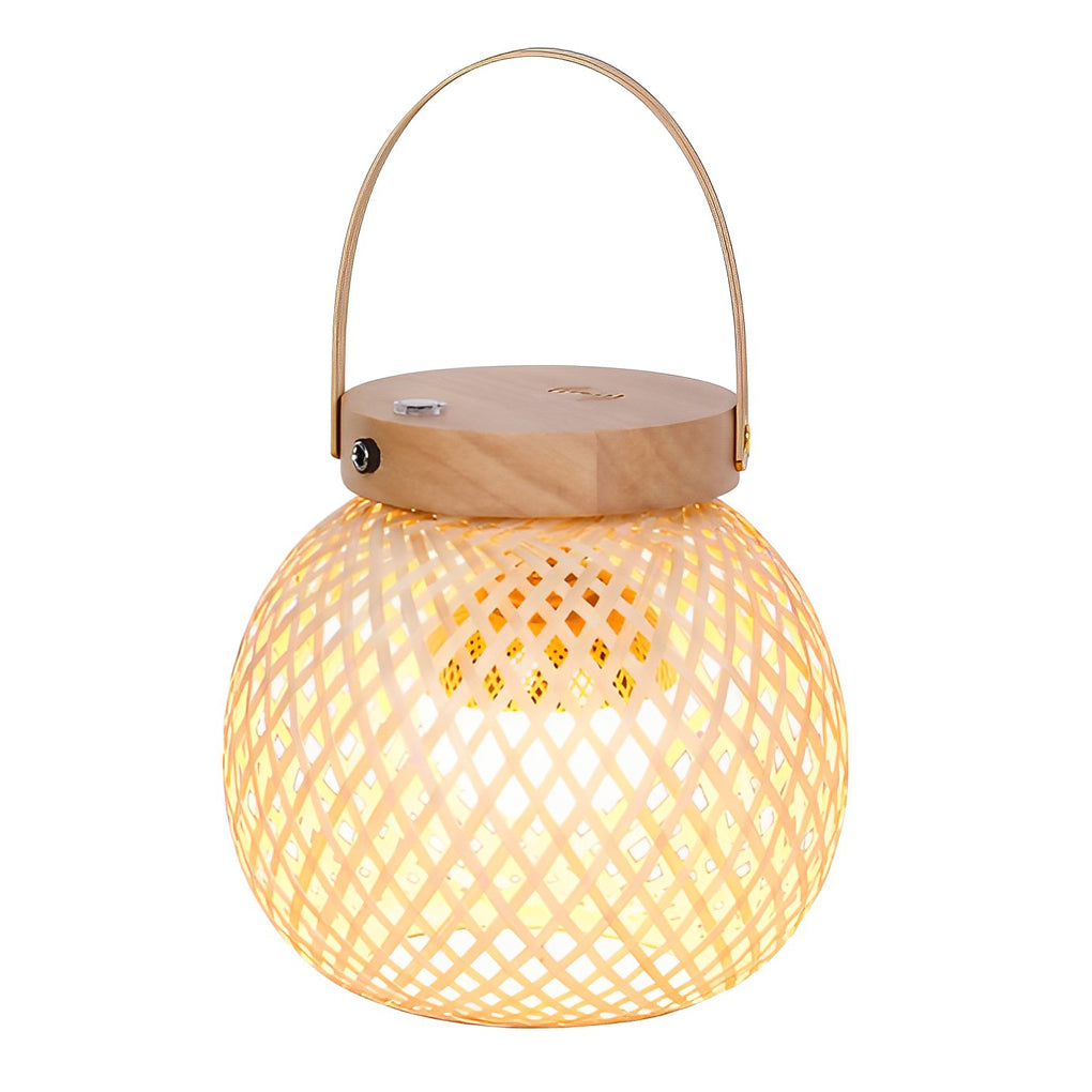 Handcrafted Woven Bamboo Lantern Desk Lamp Portable Rechargeable LED Table Light with Handle