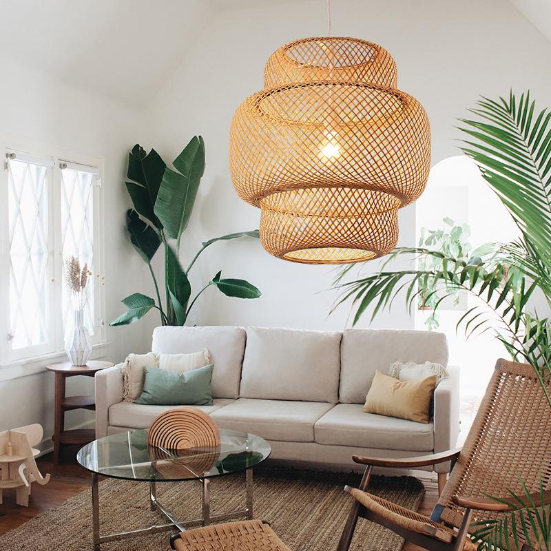 Handmade 3 Tiered Rustic Bamboo Woven Pendant Light Boho Chic Natural Wood Hanging Ceiling Lamp