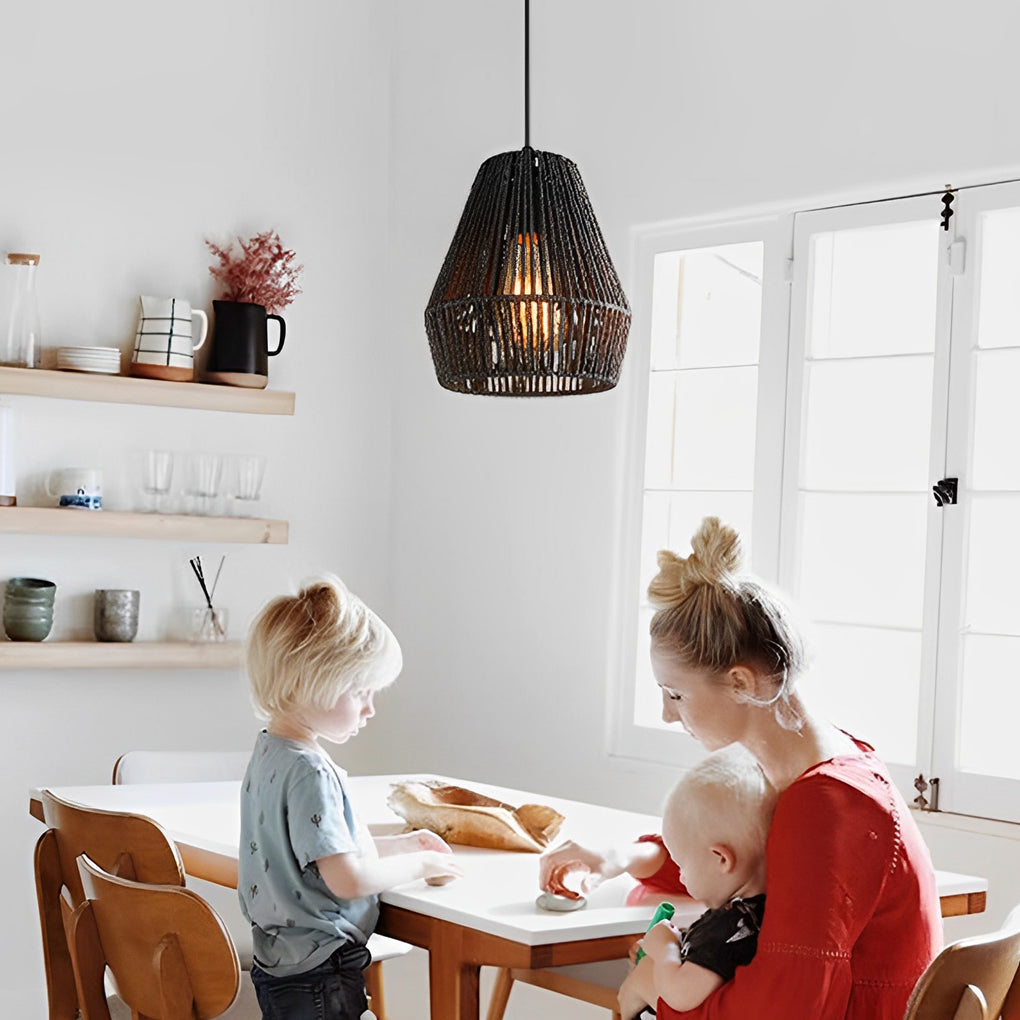 Handmade Black Woven Paper Rope Pendant Light Japanese Style Rustic Hanging Ceiling Lamp for Dining Room Bedroom