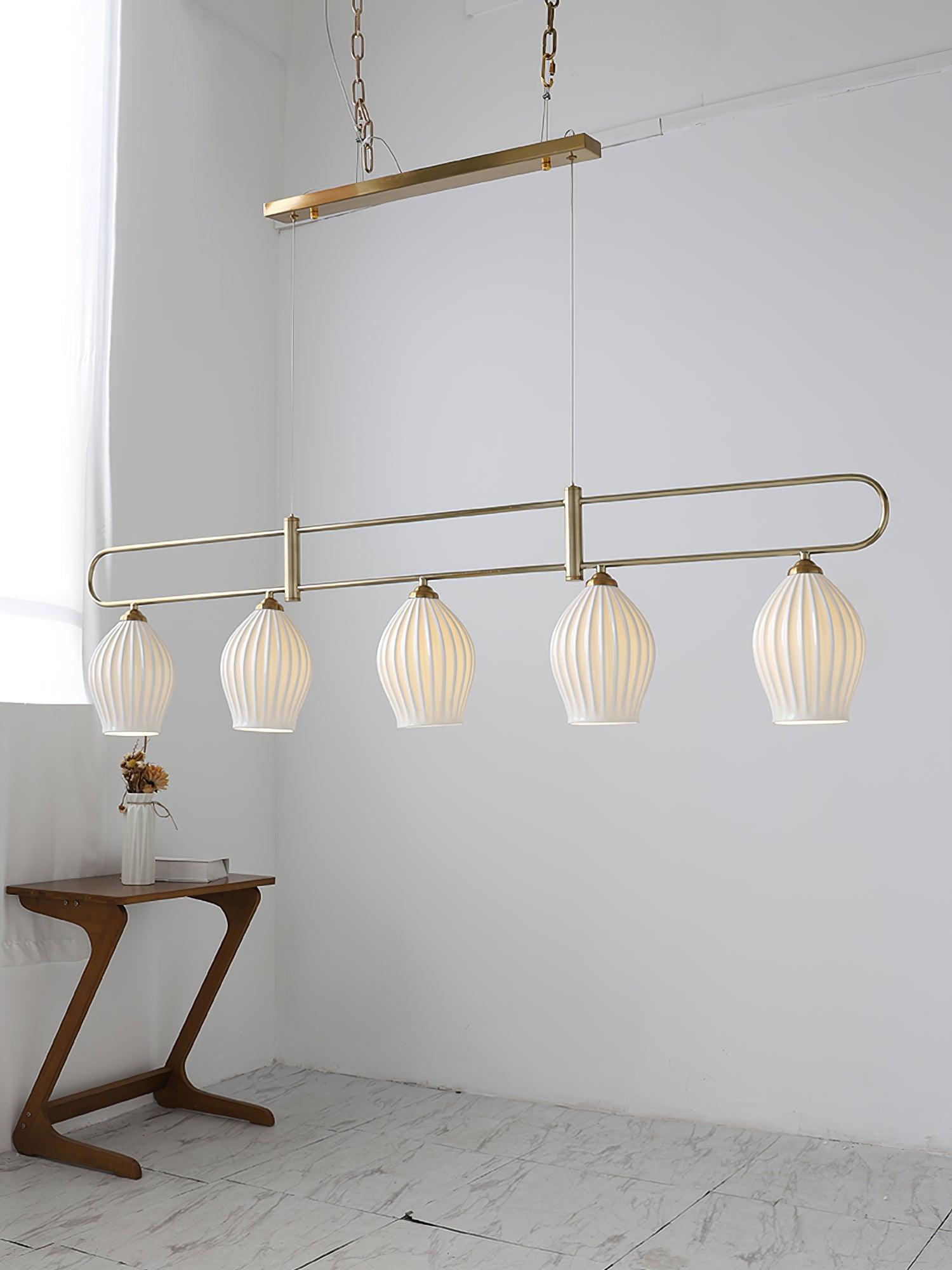 Handmade Bone China Ribbed Pendant Light Modern Linear Ceramic Hanging Lamp for Dining Room