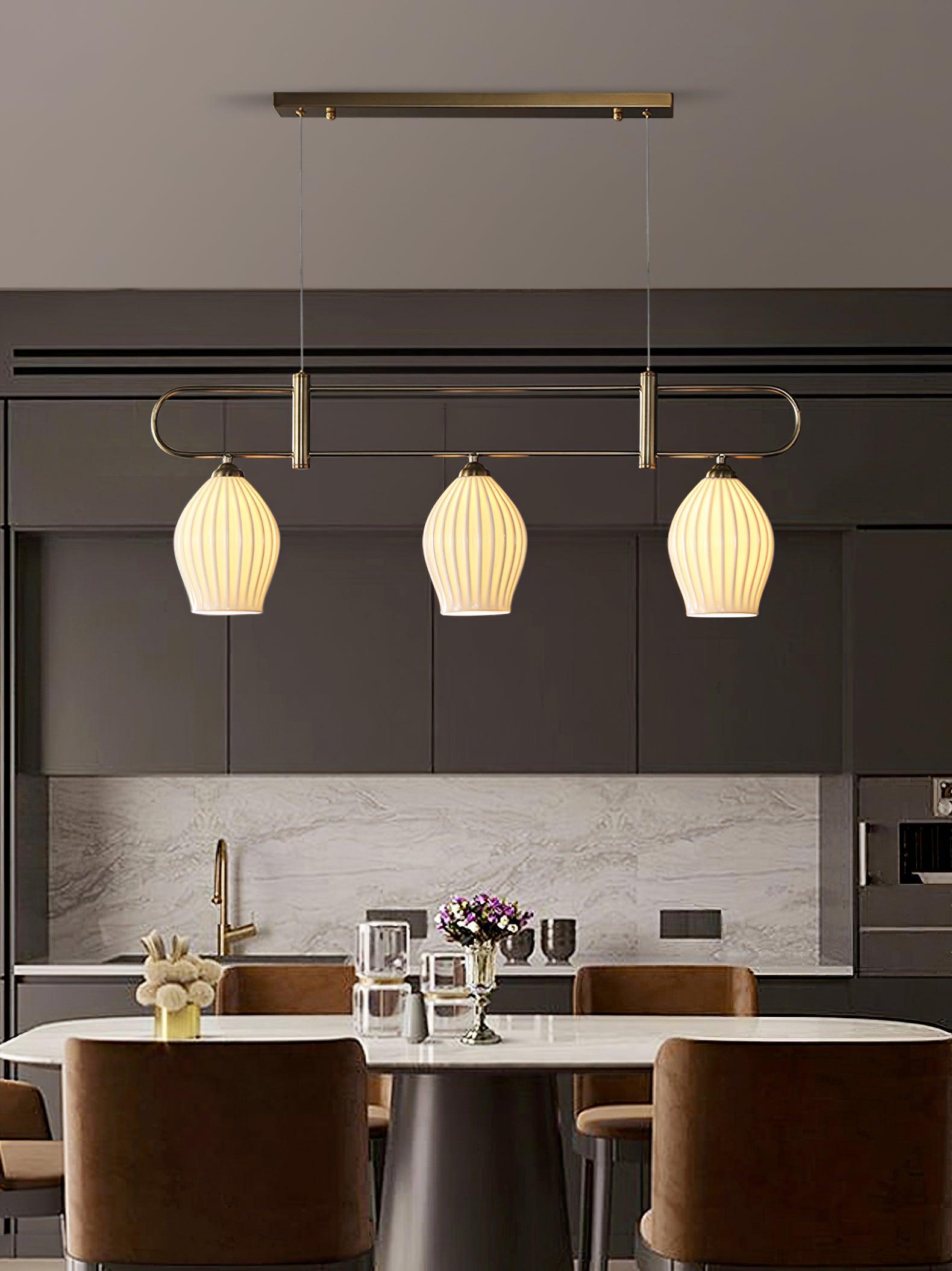 Handmade Bone China Ribbed Pendant Light Modern Linear Ceramic Hanging Lamp for Dining Room